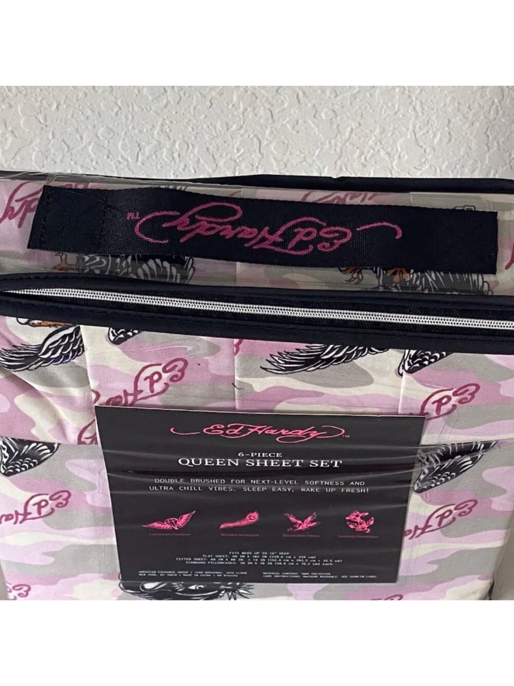 6 Piece Ed Hardy QUEEN Size Sheet Set Pink Grey Camo Eagle Tiger Logo NEW‎
